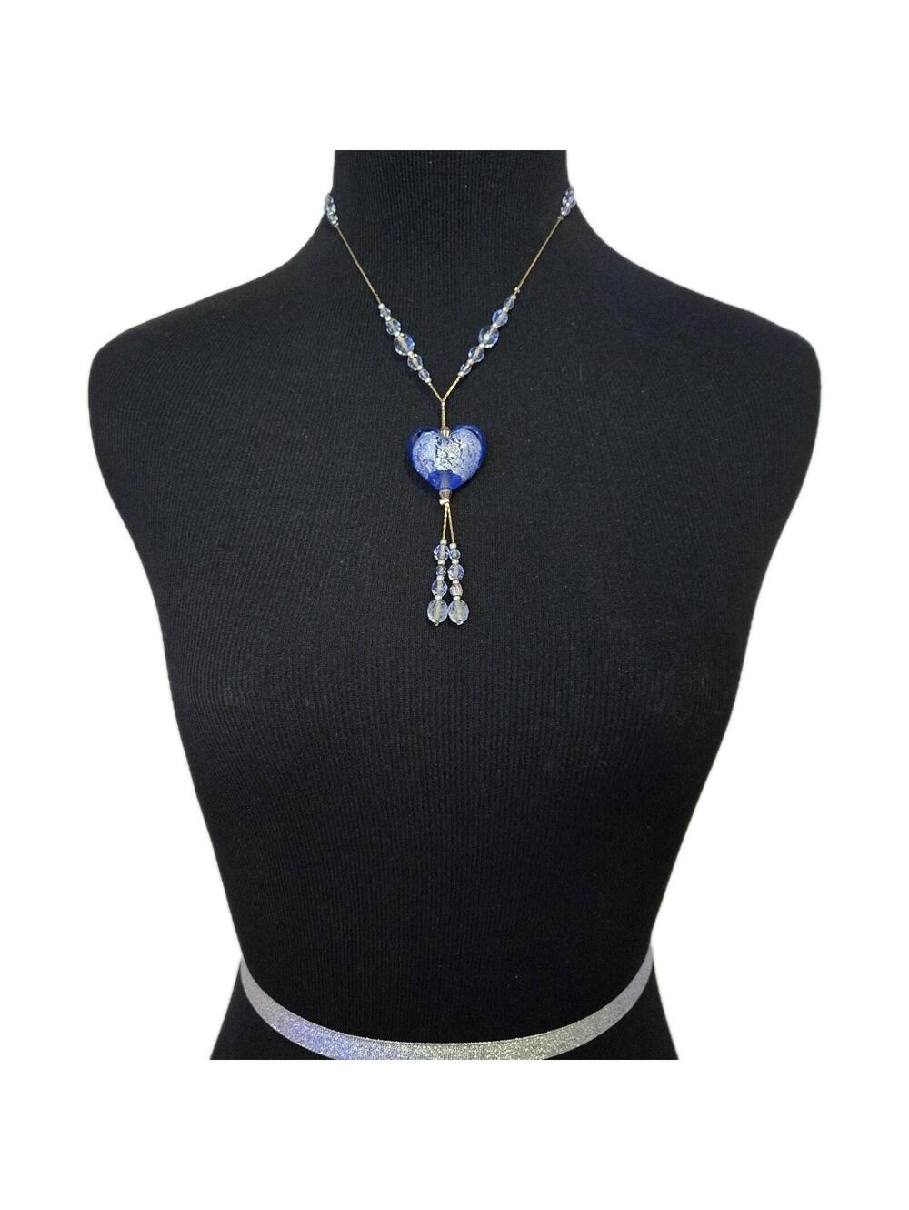Blue Murano Style Glass Heart Pendant Necklace With Beaded Y Drop Tassels, EUC